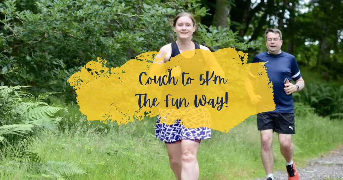 Woman and man jogging on forest trail, promoting Couch to 5km running program