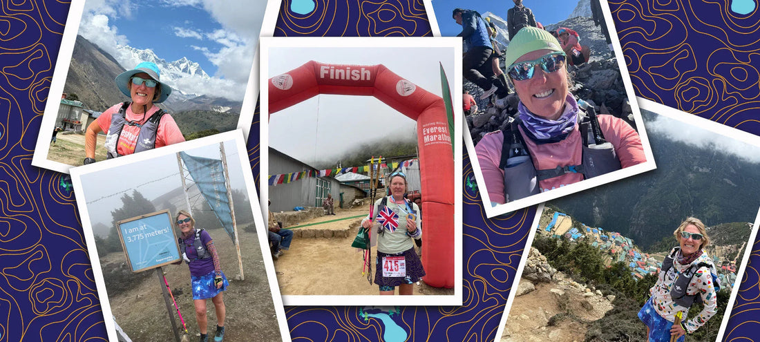 Collage of female marathon runner hiking and finishing Everest Marathon with mountain and village views