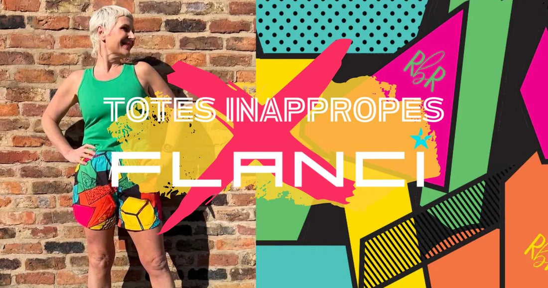 Woman in colorful geometric shorts and green tank top standing against brick wall with vibrant abstract graphic background