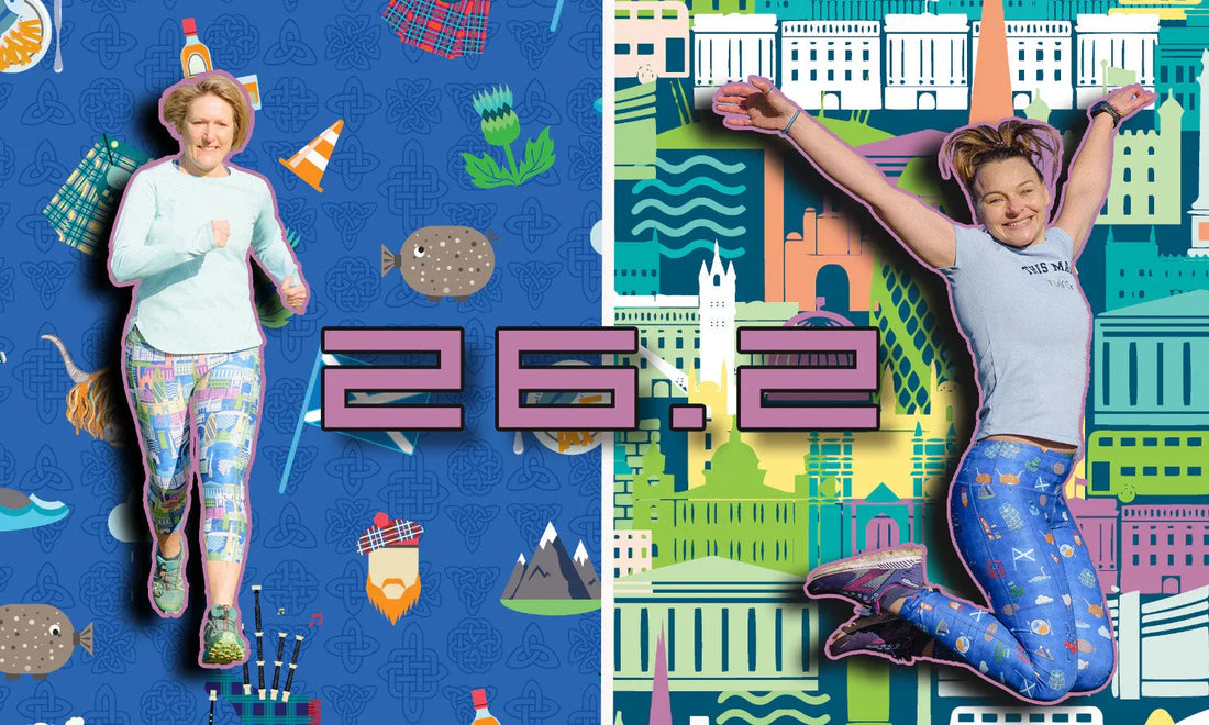 Two women with colorful patterned leggings against split blue and green graphic backgrounds, digital timer 26:2