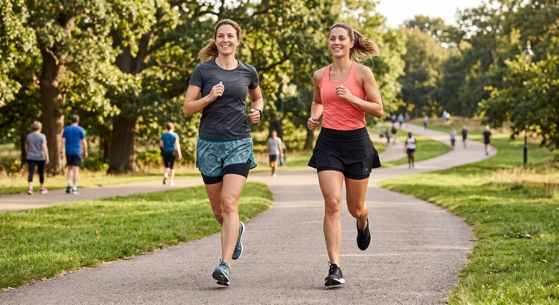 Two female runners jogging side-by-side along a paved park trail, with one wearing printed double-layer shorts and the other wearing a black running skort.
