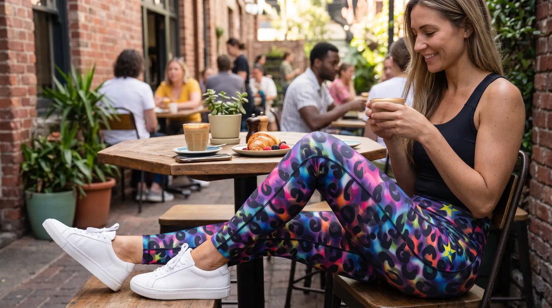 Woman in a black tank top and colorful FLANCI leopard leggings enjoying coffee at a cafe.   
