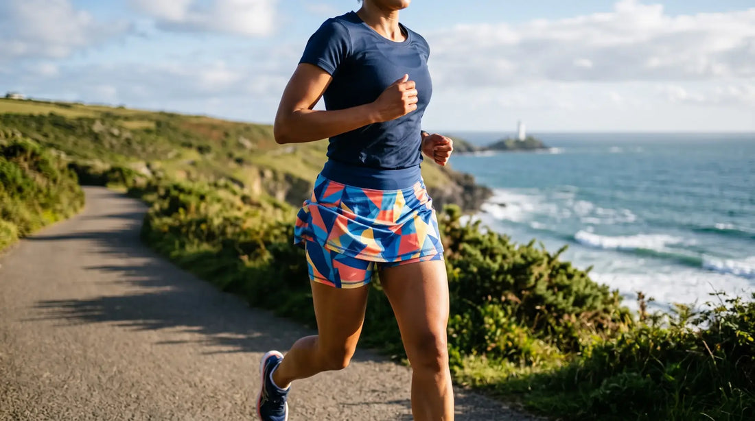 Runner wearing a blue FLANCI patterned skort and navy top along a coastal road, illustrating fit and length during movement.