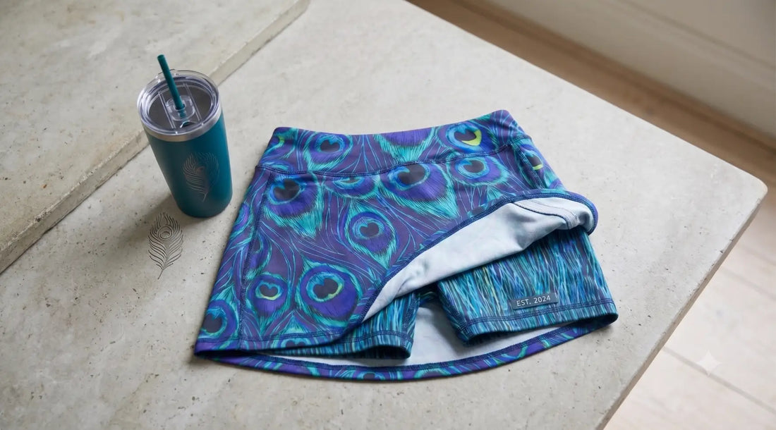 vibrant blue and purple peacock-patterned running skort next to a matching teal insulated tumbler with a straw, set on a clean concrete countertop