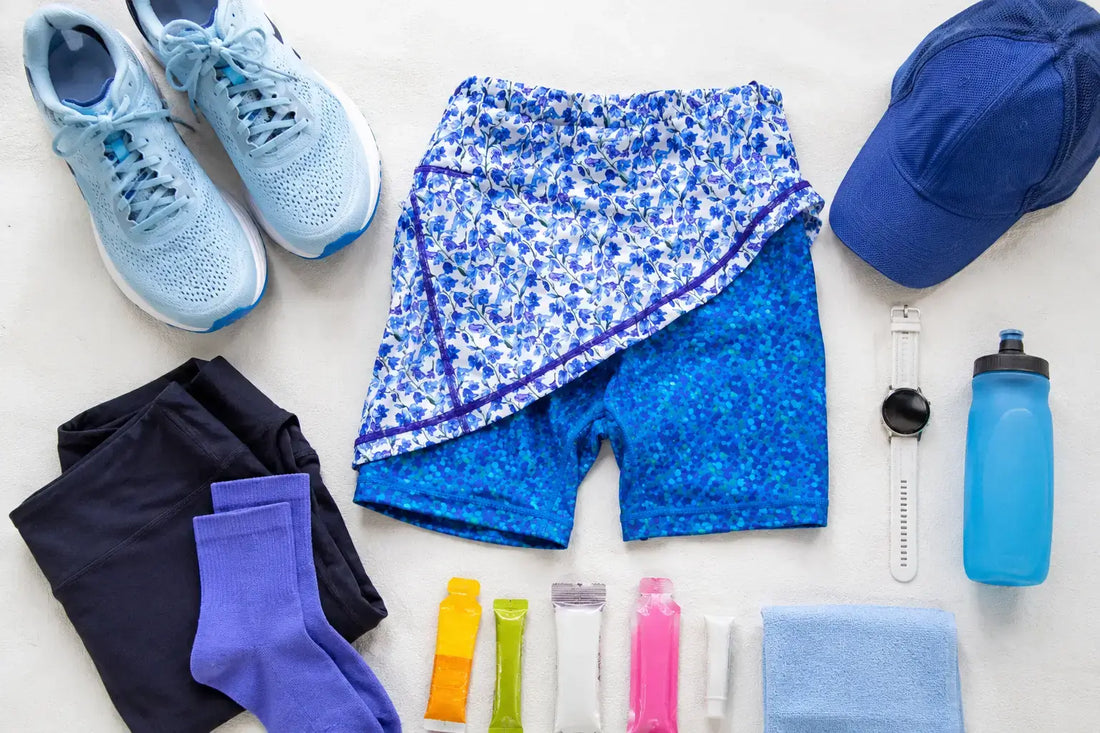 Flat lay of race day essentials featuring blue floral running shorts, running shoes, hydration bottle, sports watch, cap, energy gels, socks and towel neatly arranged for marathon preparation.