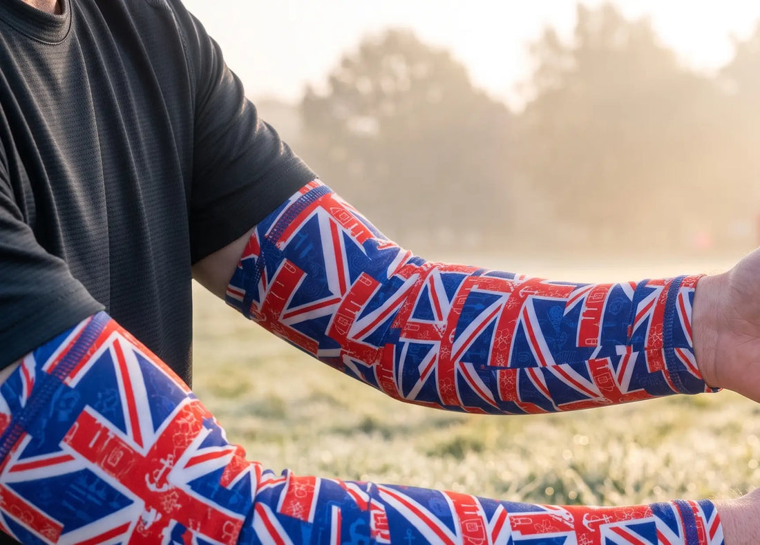 Close-up of a runner wearing arm sleeves featuring a Union Jack graphic pattern, standing on a frosty grass field during a cold morning training session.