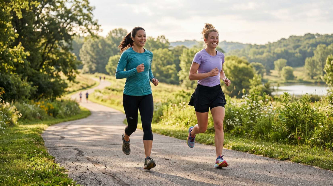 Two women running side by side along an outdoor paved park path, one wearing black running capris and the other wearing a black running skort.