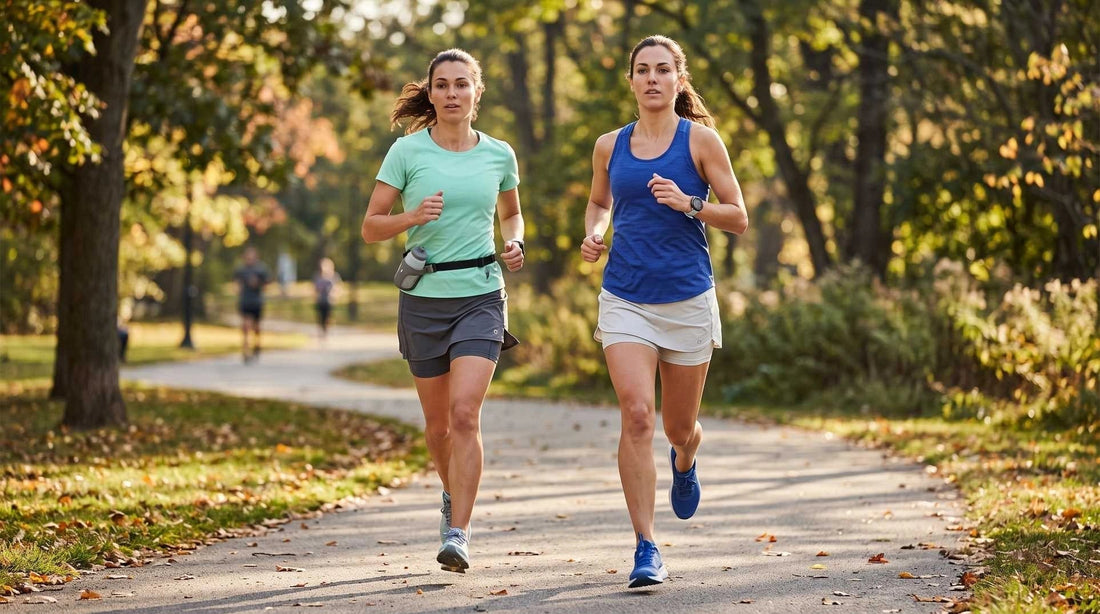 Two women mid-stride running together on a outdoor park path, one wearing an athletic skort with visible built-in compression shorts and the other wearing a lightweight running skirt.