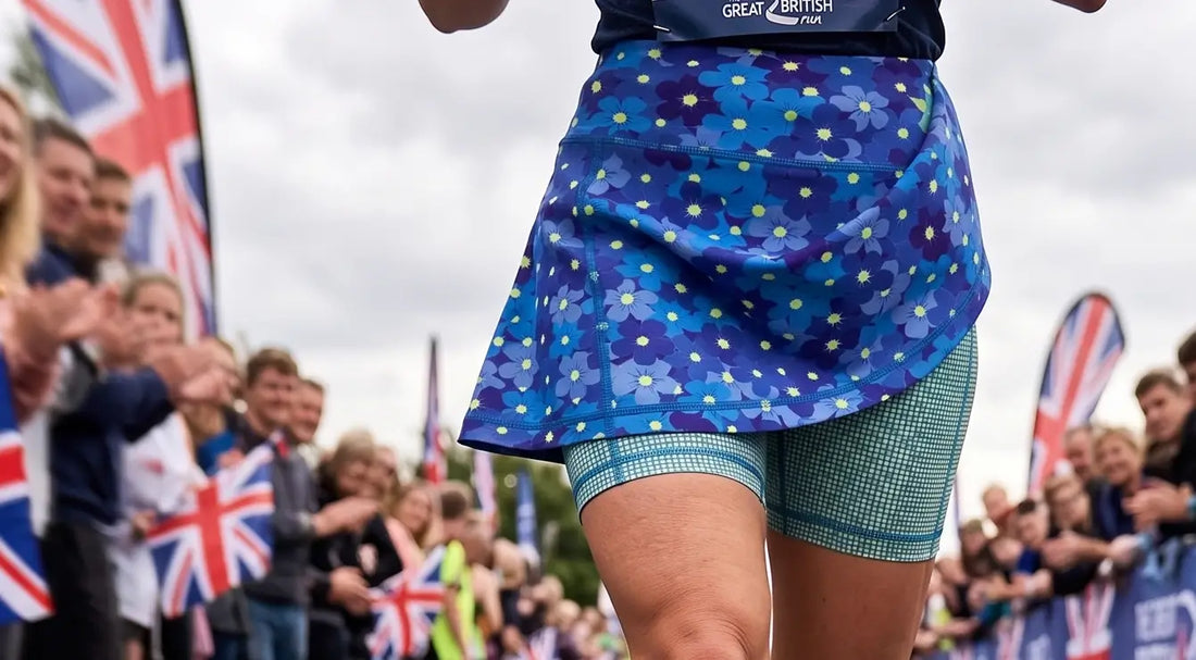 A close-up action shot of a female runner competing in a British marathon, wearing a distinctive blue floral running skort with green patterned undershorts.