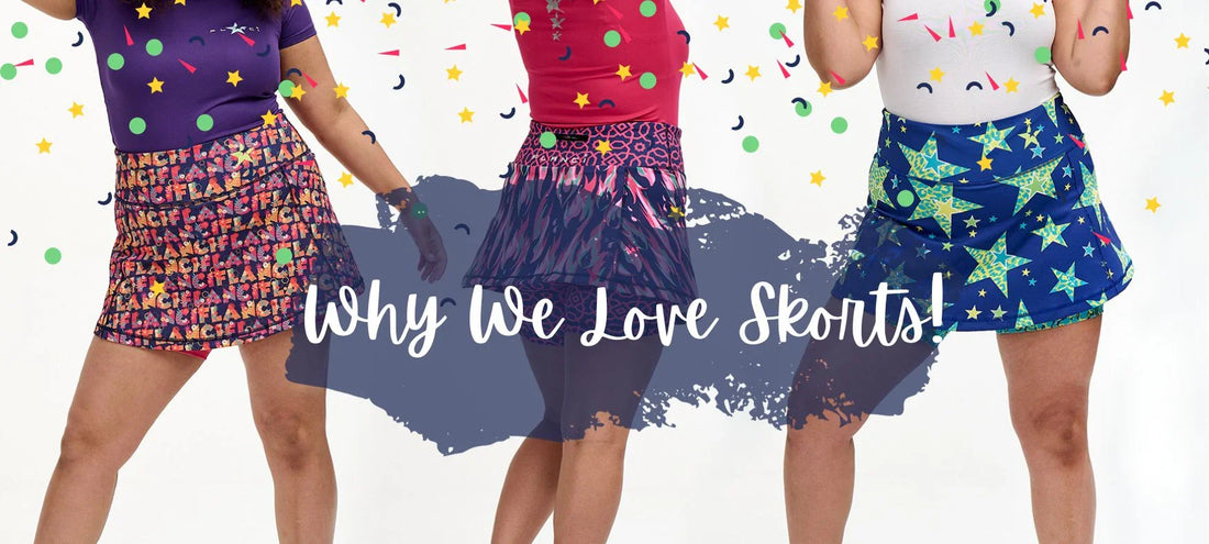 Three women wearing colorful patterned skorts with confetti celebrating skort fashion