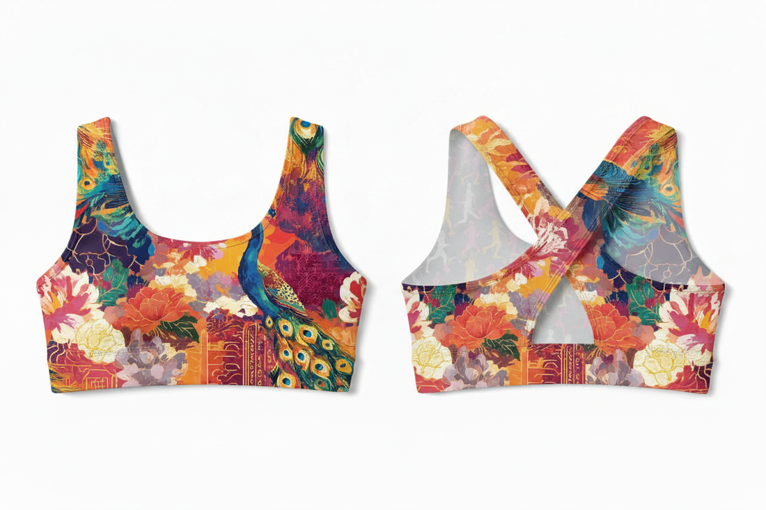 Crop top with vibrant peacock and floral pattern