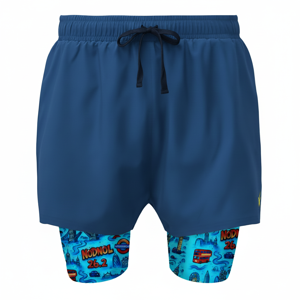 Lighter blue outer shorts with London 26.2 printed inner shorts