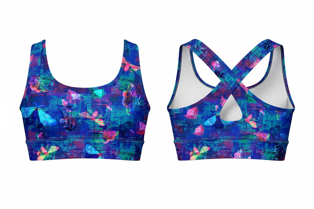 Mulberry sports bra - front and back flat lay