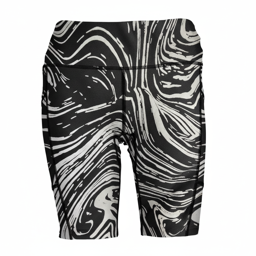 Shorts front with swirly whirly print