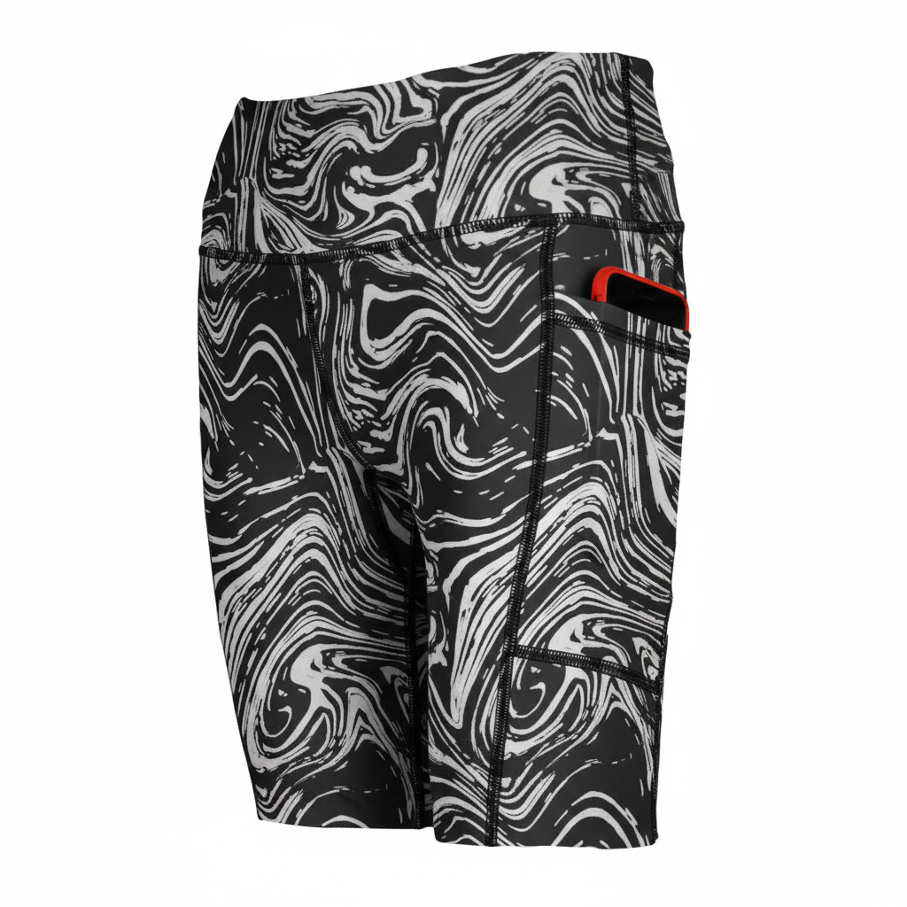 Shorts side with swirly whirly print