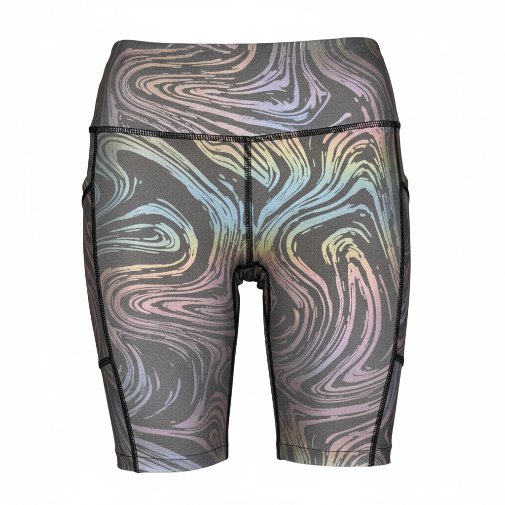Shorts with reflective rainbow marble print