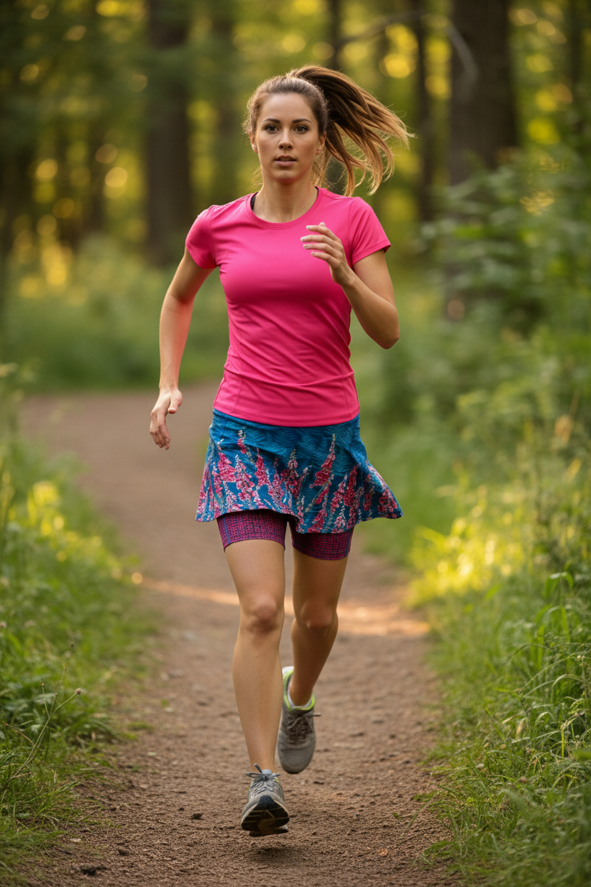 Woman Running in Foxglove Skort with Pink Top